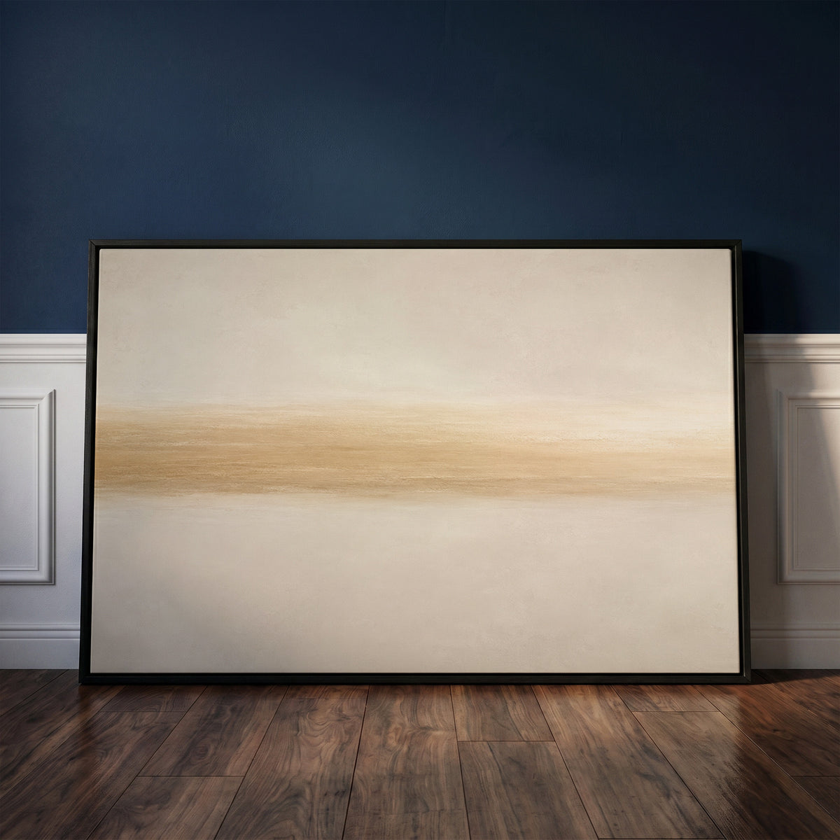 Calm canvas wall art showing a single soft golden band drawn across a pale ivory ground