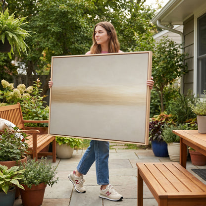 A single soft golden band drawn across a pale ivory ground, wall art print