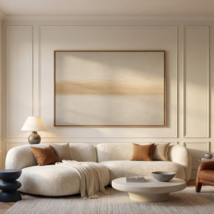 Abstract canvas wall art showing a single soft golden band drawn across a pale ivory ground