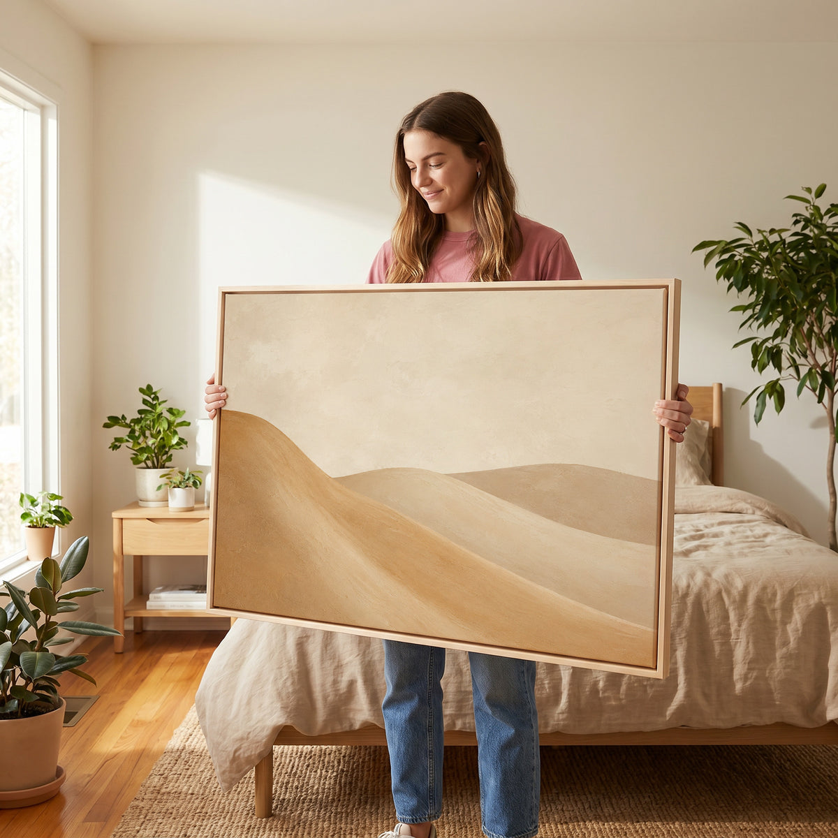 Neutral canvas wall art showing smooth ochre and taupe dunes overlapping under a bone cream sky