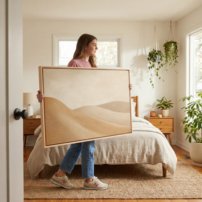Japandi canvas wall art showing smooth ochre and taupe dunes overlapping under a bone cream sky