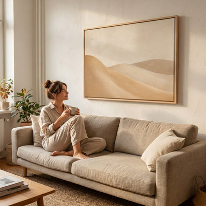 Dune canvas canvas wall art showing smooth ochre and taupe dunes overlapping under a bone cream sky