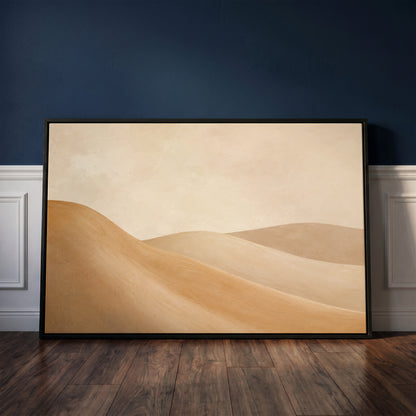 Desert canvas wall art showing smooth ochre and taupe dunes overlapping under a bone cream sky