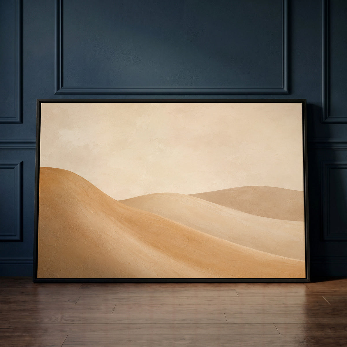 Minimalist landscape canvas wall art showing smooth ochre and taupe dunes overlapping under a bone cream sky