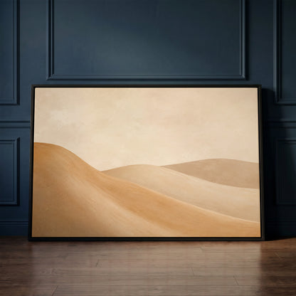Minimalist landscape canvas wall art showing smooth ochre and taupe dunes overlapping under a bone cream sky