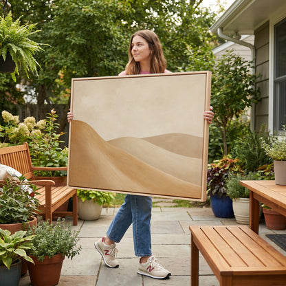 Smooth ochre and taupe dunes overlapping under a bone cream sky, canvas art print