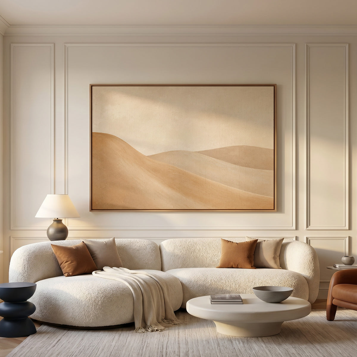 Modern desert canvas wall art showing smooth ochre and taupe dunes overlapping under a bone cream sky