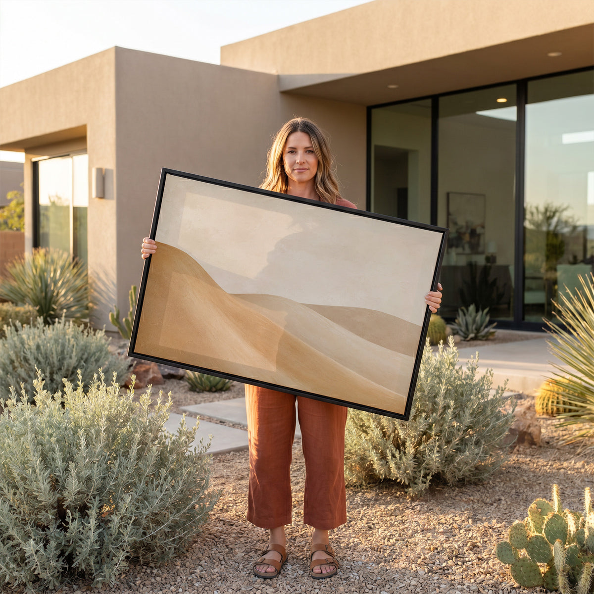 Boho canvas wall art showing smooth ochre and taupe dunes overlapping under a bone cream sky