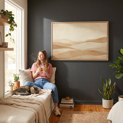 Boho canvas wall art showing layers of rolling sand hills receding under a high pale sky