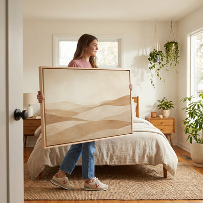 Desert canvas wall art showing layers of rolling sand hills receding under a high pale sky