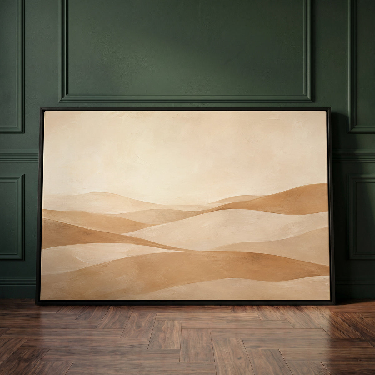 Neutral canvas wall art showing layers of rolling sand hills receding under a high pale sky