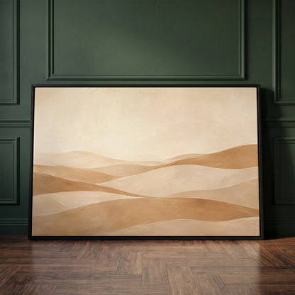 Neutral canvas wall art showing layers of rolling sand hills receding under a high pale sky