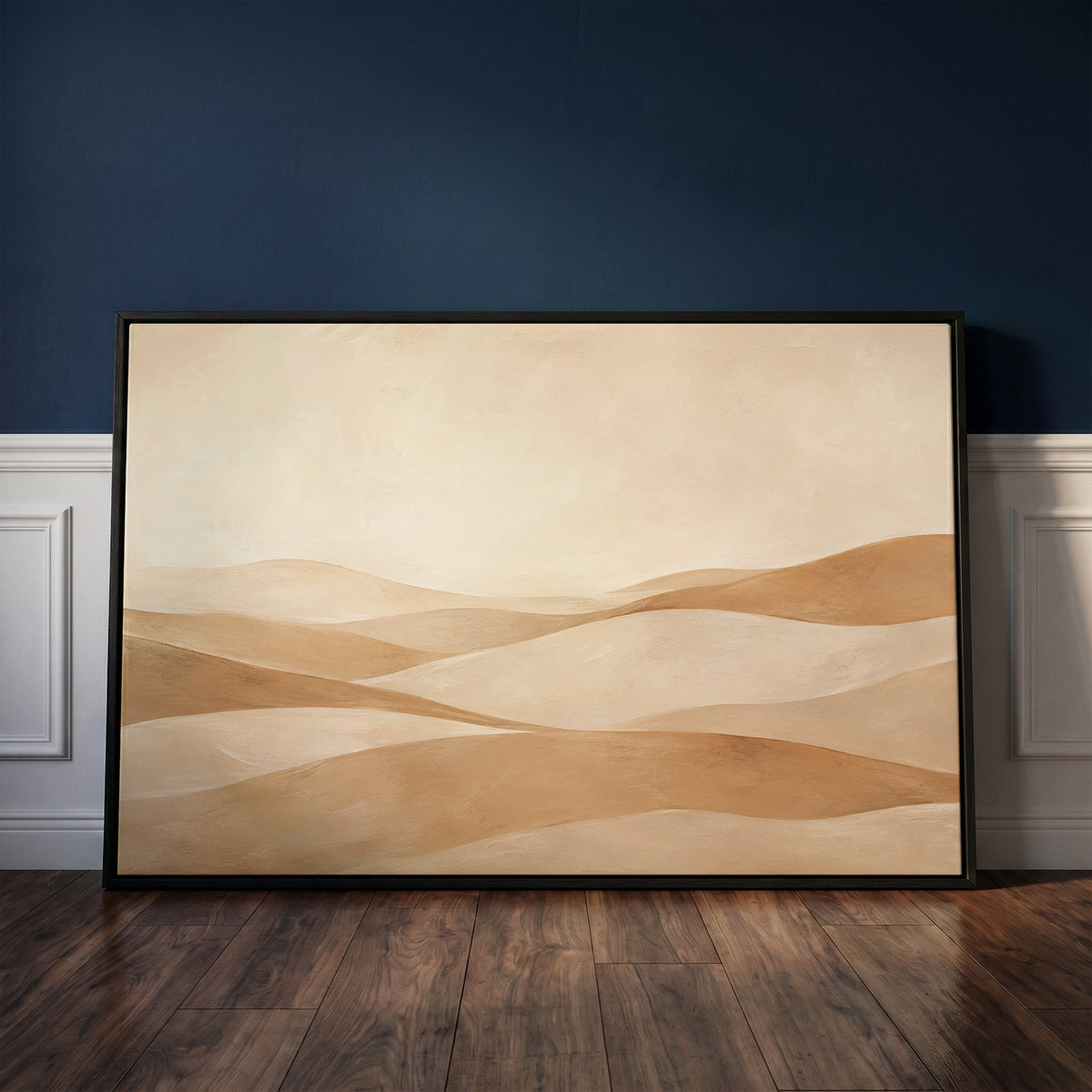 Minimalist landscape canvas wall art showing layers of rolling sand hills receding under a high pale sky