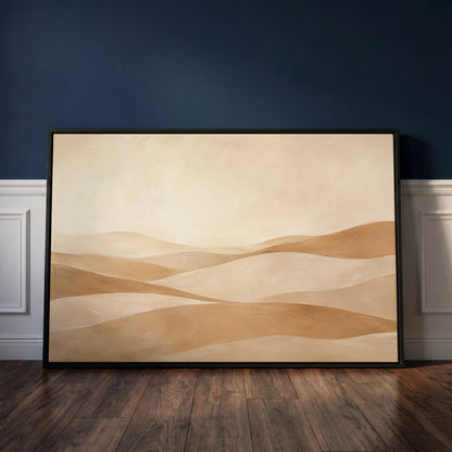 Minimalist landscape canvas wall art showing layers of rolling sand hills receding under a high pale sky