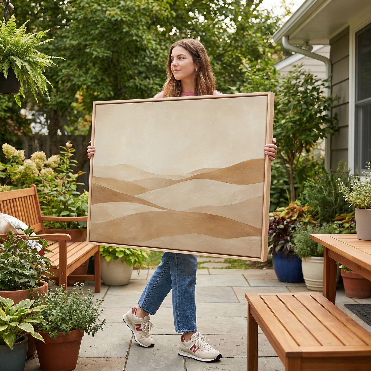 Calm canvas wall art showing layers of rolling sand hills receding under a high pale sky