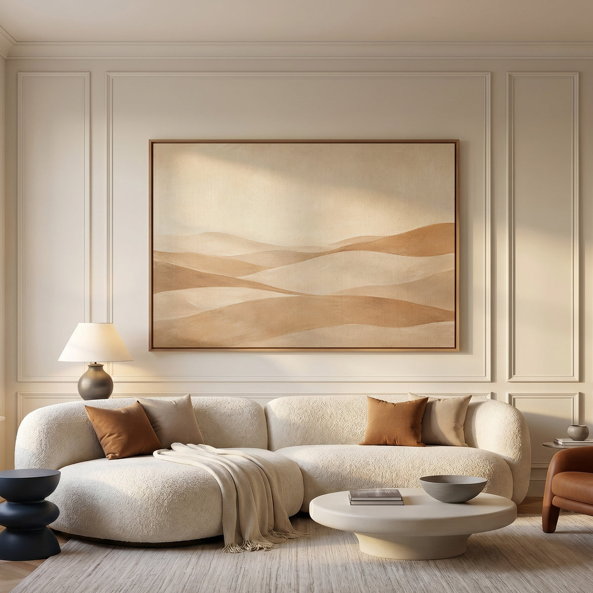 Warm tan canvas wall art showing layers of rolling sand hills receding under a high pale sky