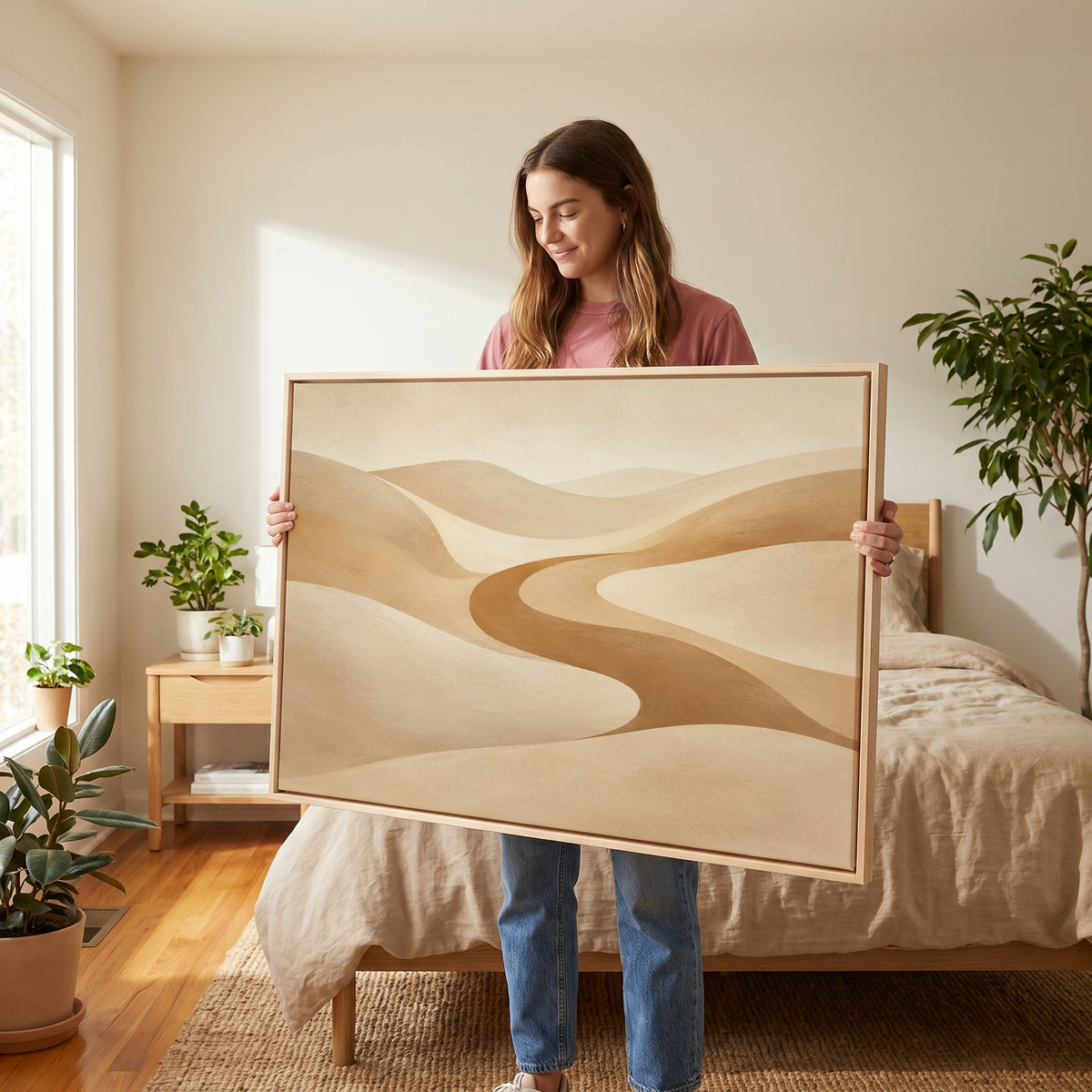 A caramel valley curving in an S between smooth pale sand dunes, canvas art print