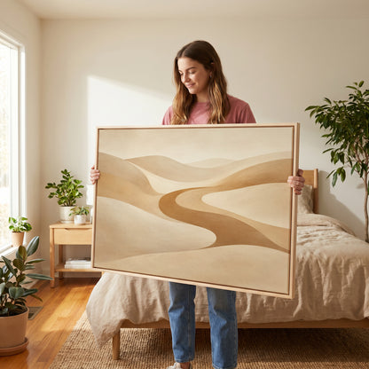 A caramel valley curving in an S between smooth pale sand dunes, canvas art print