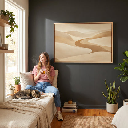 Desert canvas wall art showing a caramel valley curving in an S between smooth pale sand dunes