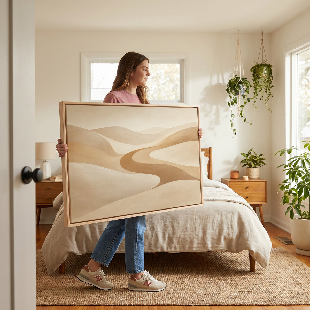 Minimalist landscape canvas wall art showing a caramel valley curving in an S between smooth pale sand dunes