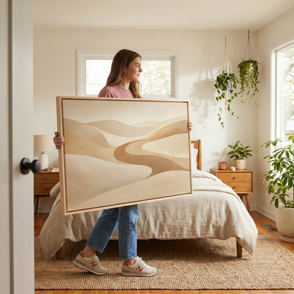 Minimalist landscape canvas wall art showing a caramel valley curving in an S between smooth pale sand dunes