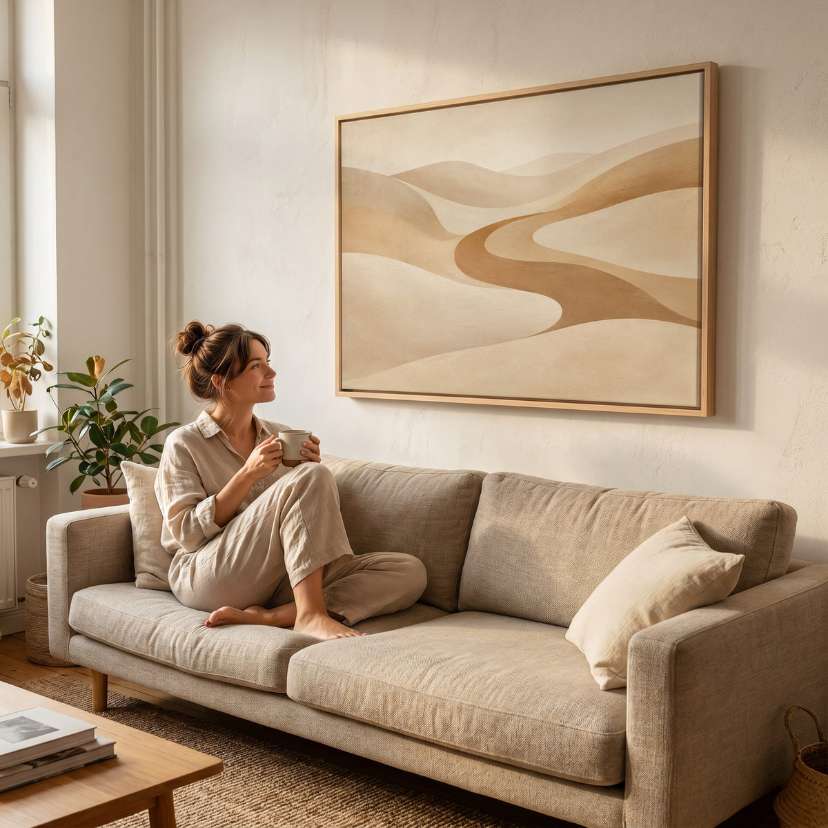 Warm neutral canvas wall art showing a caramel valley curving in an S between smooth pale sand dunes