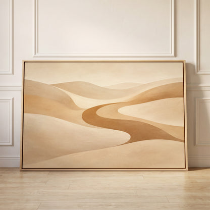 A caramel valley curving in an S between smooth pale sand dunes, canvas wall art