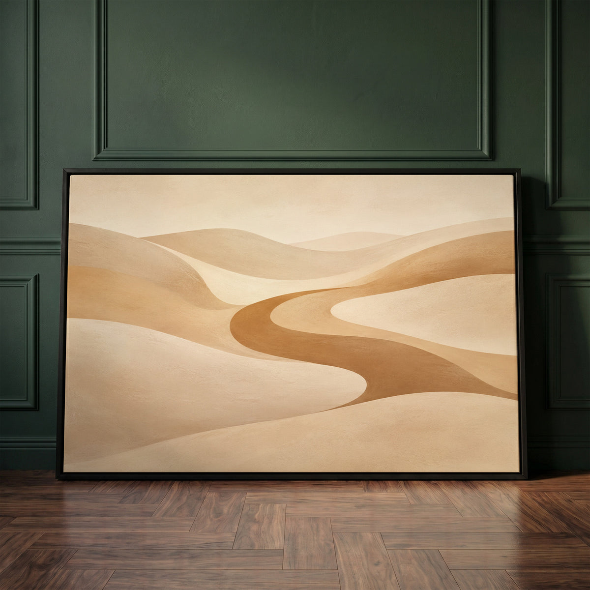 Caramel canvas wall art showing a caramel valley curving in an S between smooth pale sand dunes