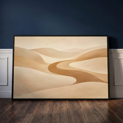 Sand dune canvas wall art showing a caramel valley curving in an S between smooth pale sand dunes