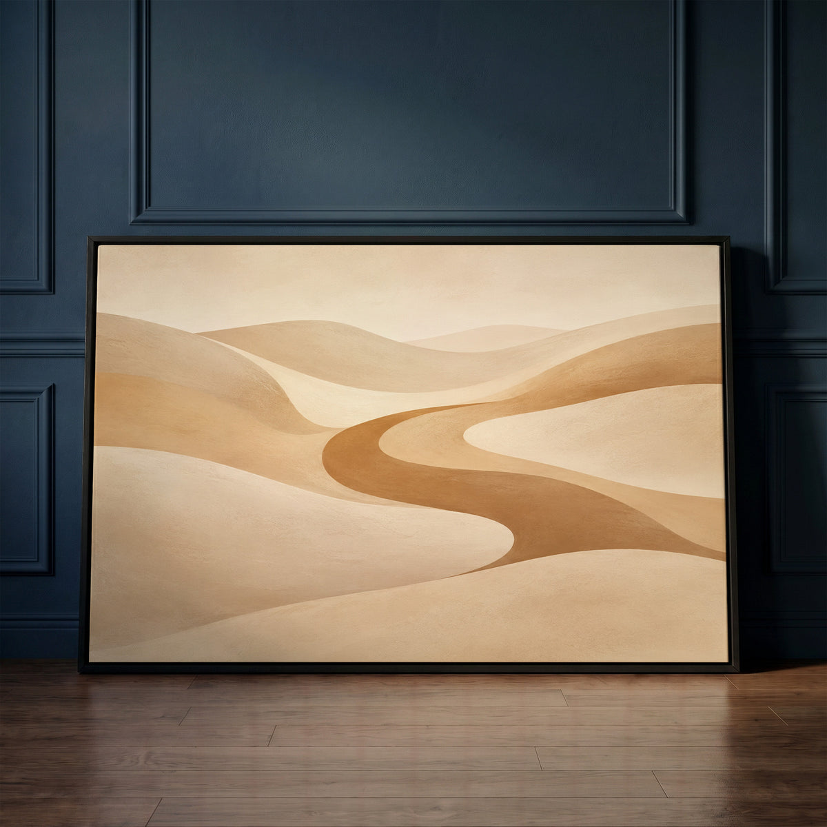 Modern desert canvas wall art showing a caramel valley curving in an S between smooth pale sand dunes