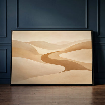 Modern desert canvas wall art showing a caramel valley curving in an S between smooth pale sand dunes