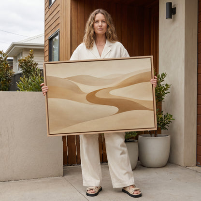 A caramel valley curving in an S between smooth pale sand dunes, canvas print