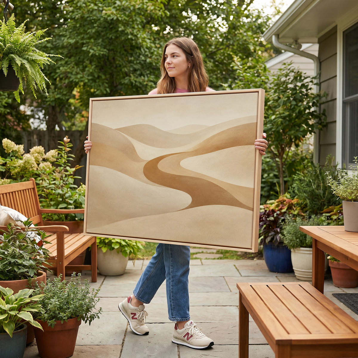 Neutral canvas wall art showing a caramel valley curving in an S between smooth pale sand dunes