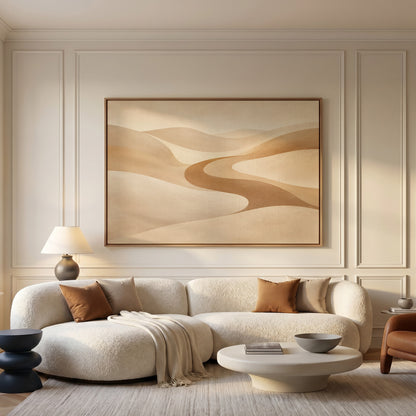 A caramel valley curving in an S between smooth pale sand dunes, wall art print