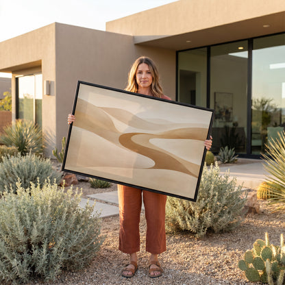 Curved abstract canvas wall art showing a caramel valley curving in an S between smooth pale sand dunes