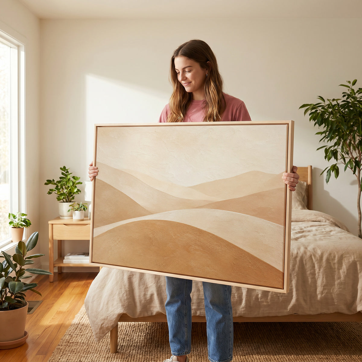 Japandi canvas wall art showing smooth overlapping hills in cream and tan beneath a bright bone sky