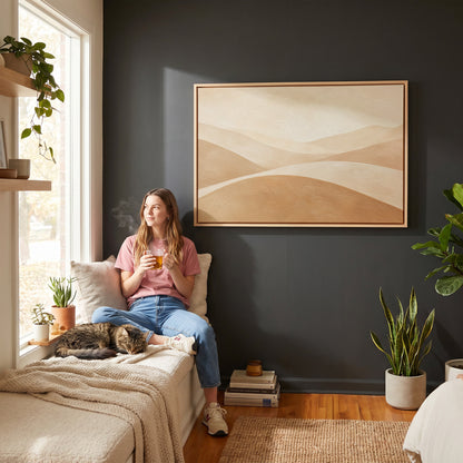 Minimalist landscape canvas wall art showing smooth overlapping hills in cream and tan beneath a bright bone sky