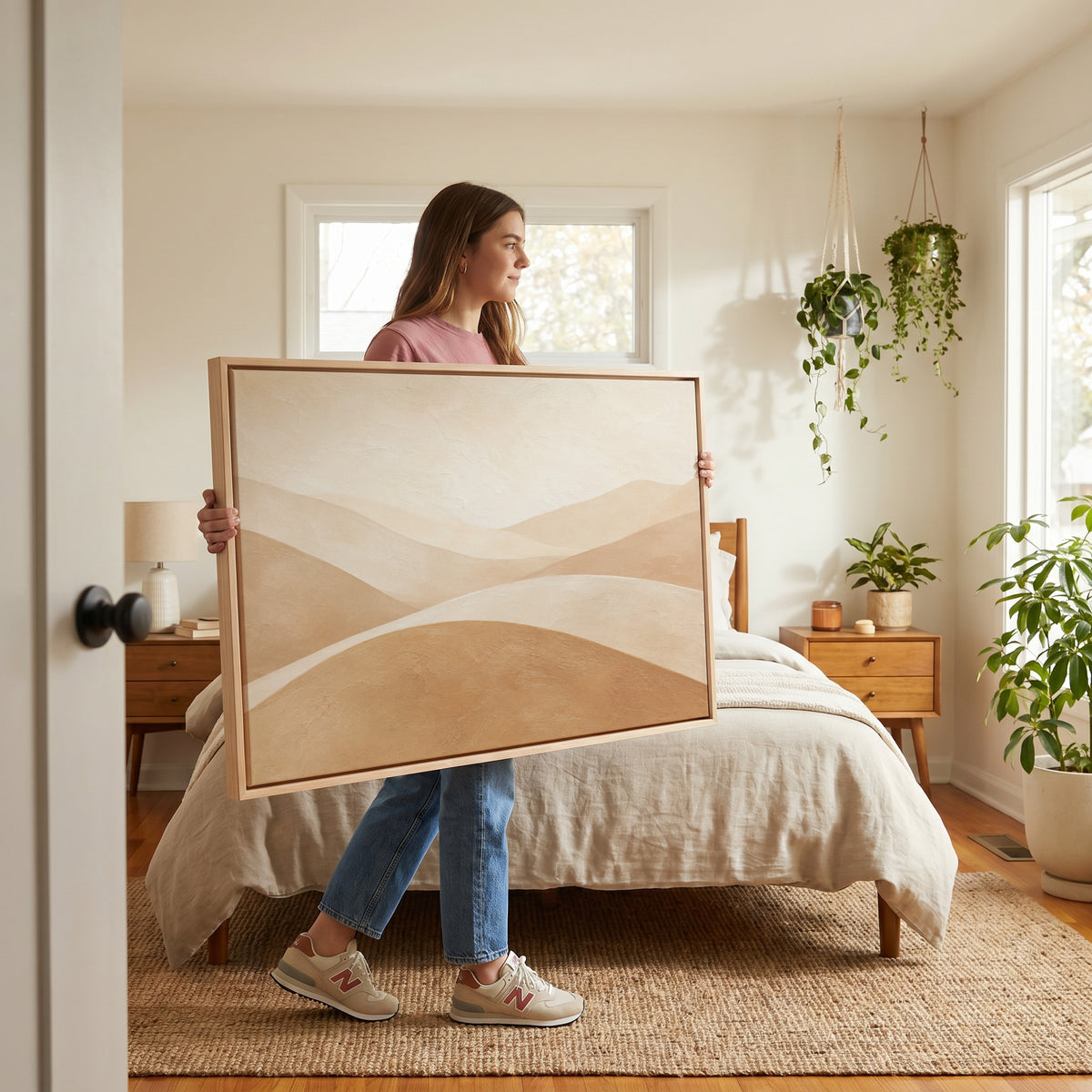 Desert canvas wall art showing smooth overlapping hills in cream and tan beneath a bright bone sky