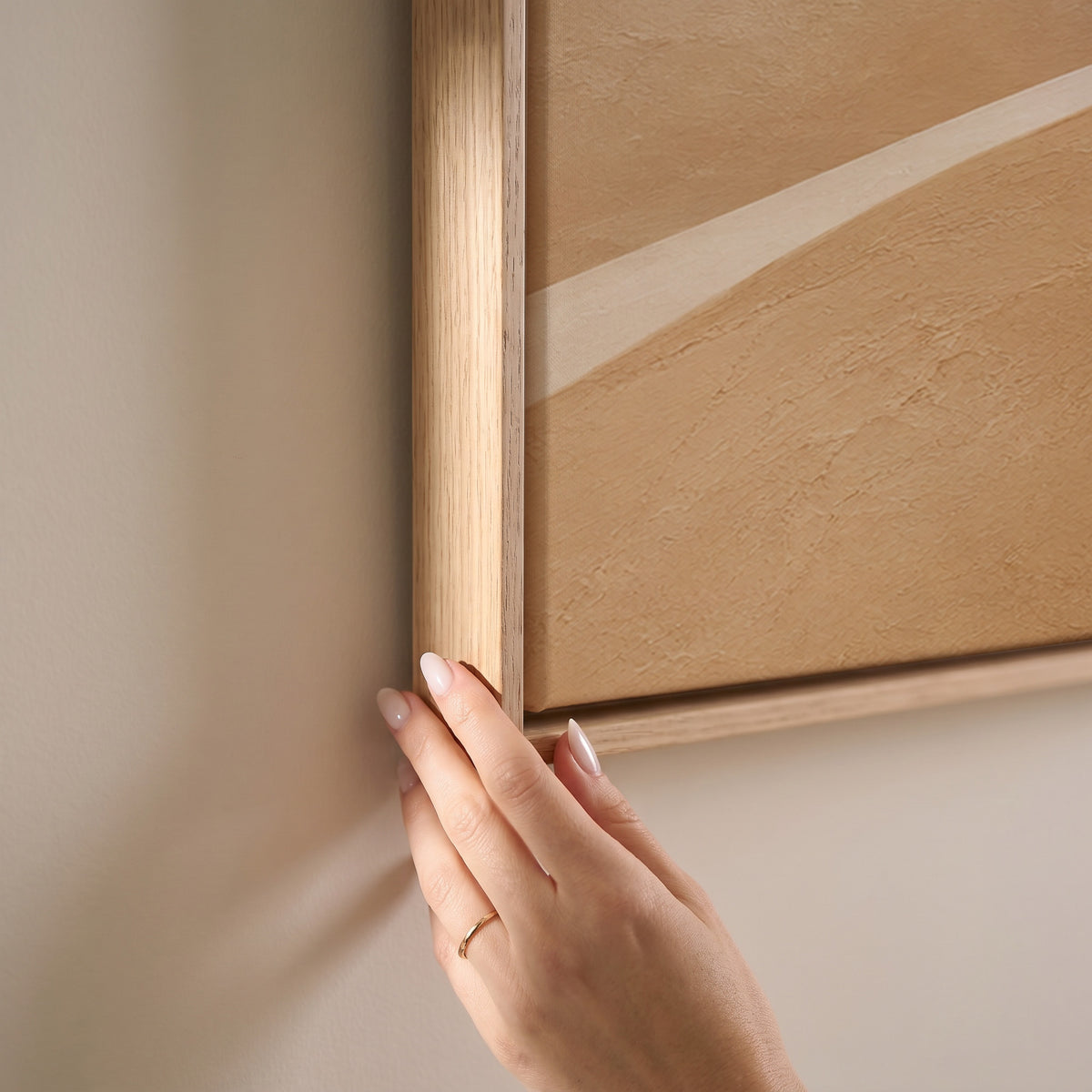 Smooth overlapping hills in cream and tan beneath a bright bone sky, horizontal canvas print