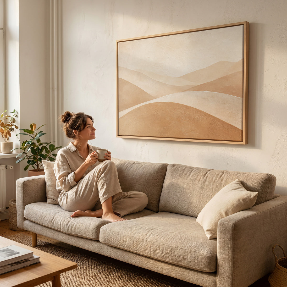 Abstract hills canvas wall art showing smooth overlapping hills in cream and tan beneath a bright bone sky