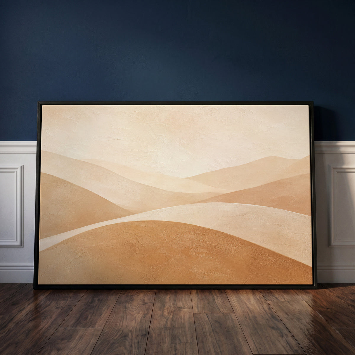 Soft hills canvas wall art showing smooth overlapping hills in cream and tan beneath a bright bone sky