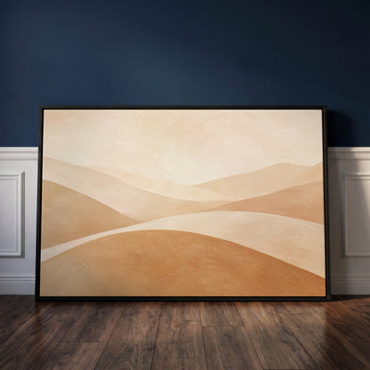 Soft hills canvas wall art showing smooth overlapping hills in cream and tan beneath a bright bone sky