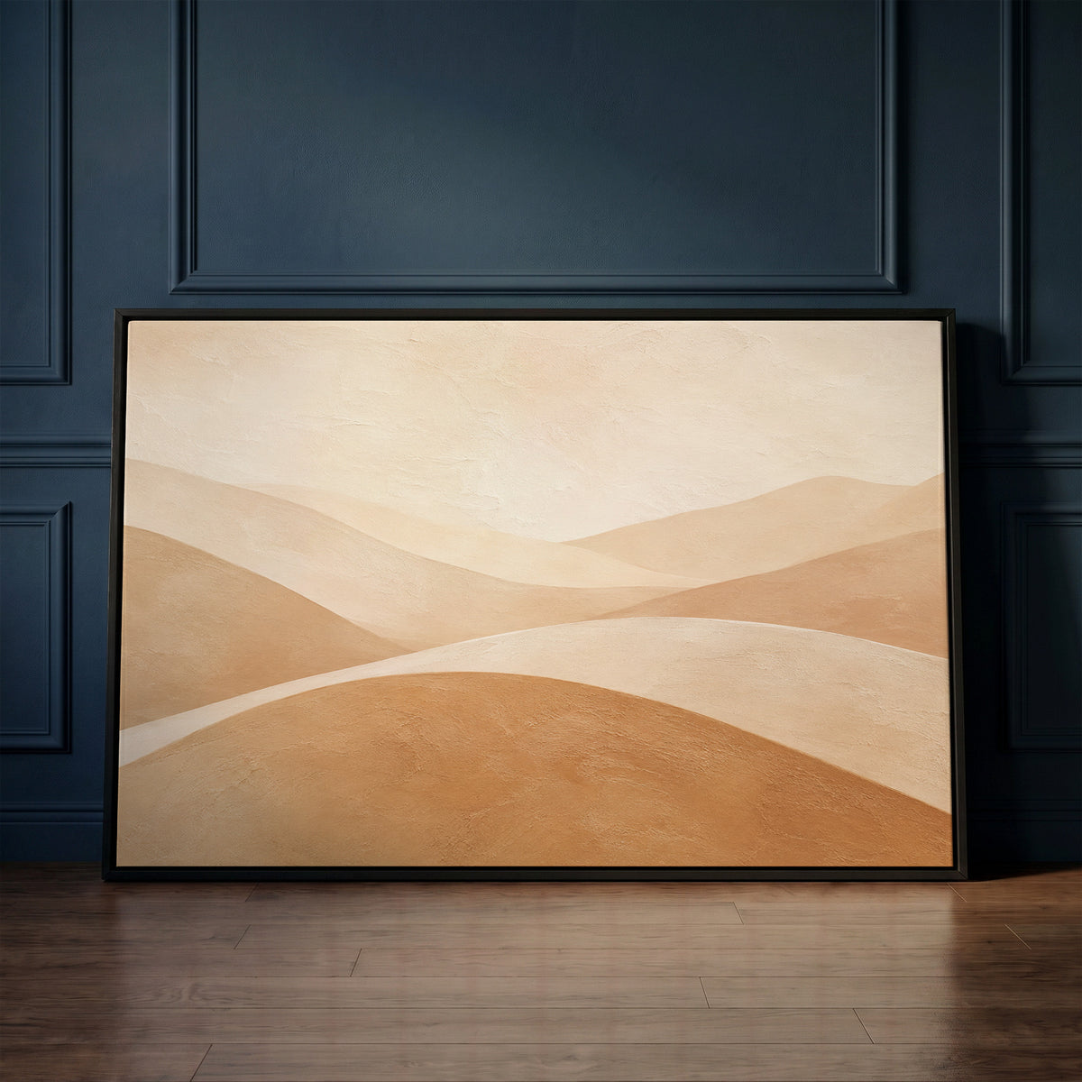 Cream canvas wall art showing smooth overlapping hills in cream and tan beneath a bright bone sky
