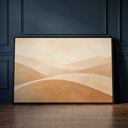 Cream canvas wall art showing smooth overlapping hills in cream and tan beneath a bright bone sky