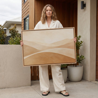 Smooth overlapping hills in cream and tan beneath a bright bone sky, canvas print