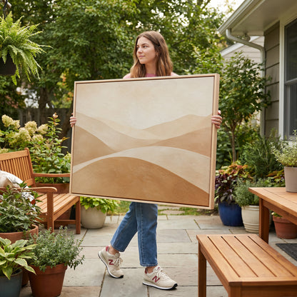 Neutral canvas wall art showing smooth overlapping hills in cream and tan beneath a bright bone sky