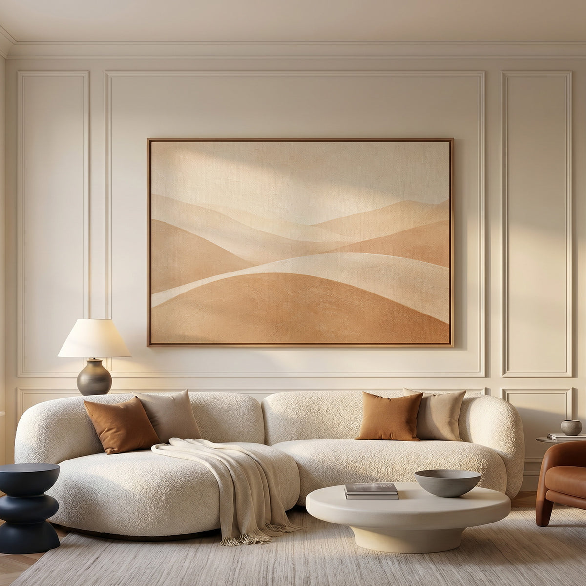 Layered hills canvas wall art showing smooth overlapping hills in cream and tan beneath a bright bone sky