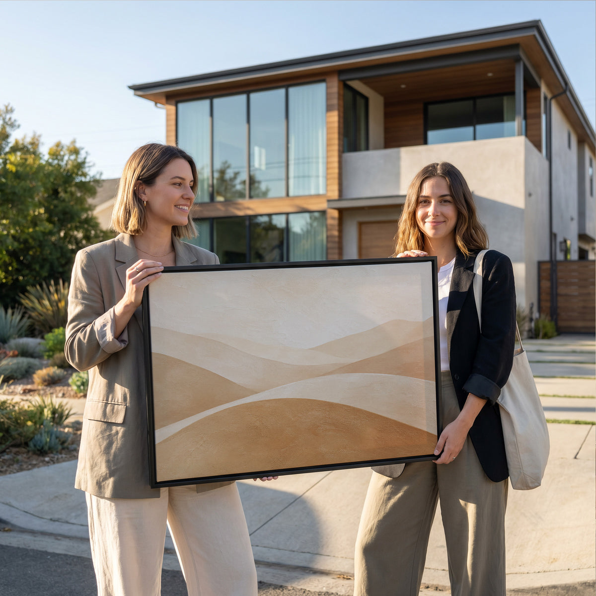 Smooth overlapping hills in cream and tan beneath a bright bone sky, canvas art print