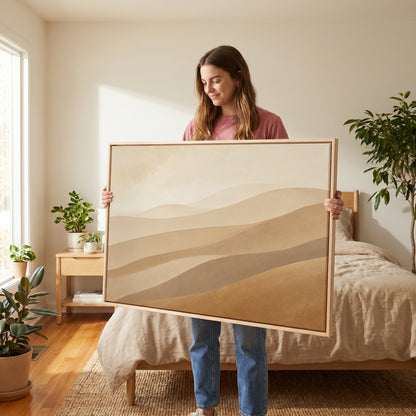 Pale desert ridges layered in tan, greige and ochre under a faint sky, canvas print