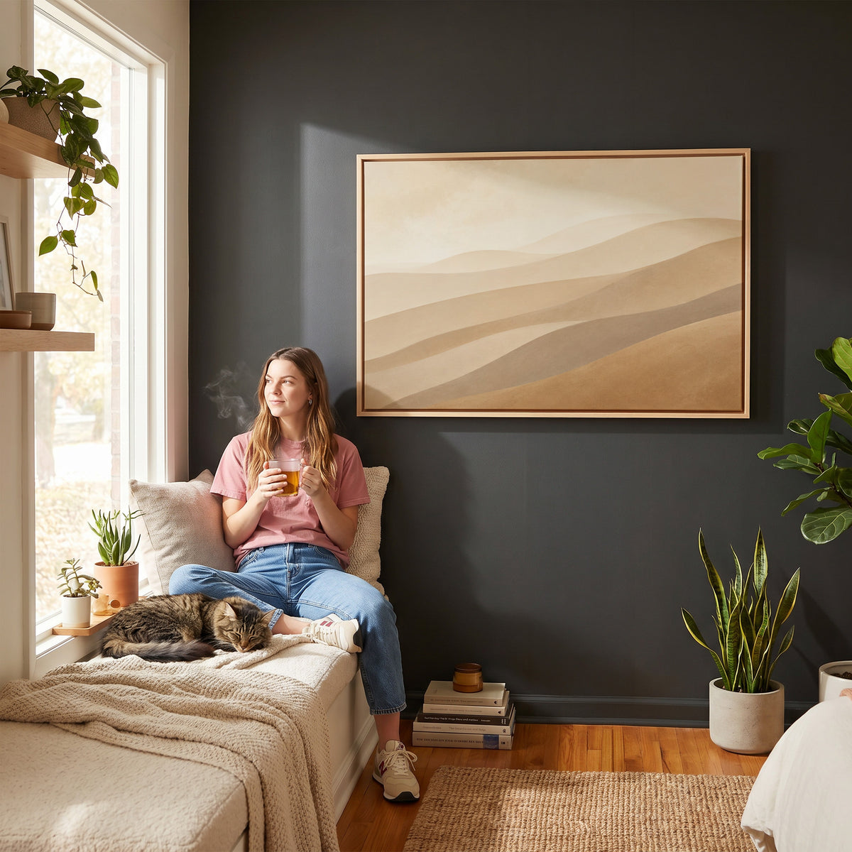 Desert ridges canvas wall art showing pale desert ridges layered in tan, greige and ochre under a faint sky